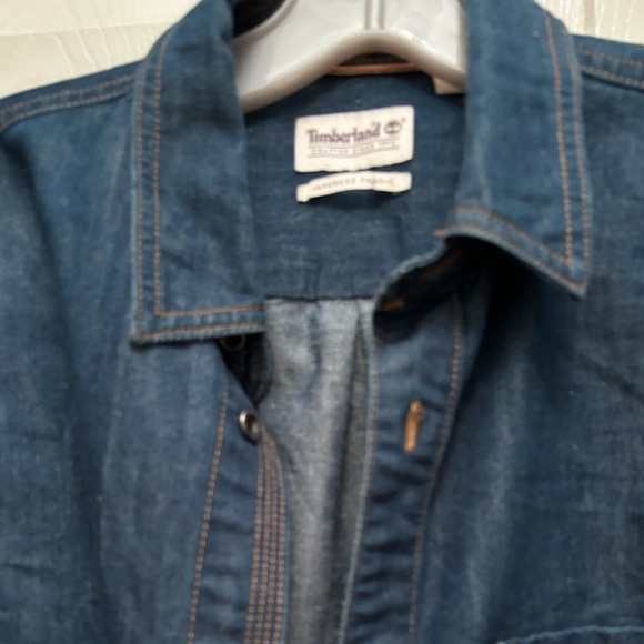 TIMBERLAND MEN BLUE-CONTRAST SLEEVE-SLIM FIT JAPANESE DENIM BUTTON FRONT SHIRT - Picture 2 of 3